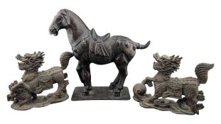 PAIR OF QILIN METAL METAL FIGURINES & TANG BRONZE HORSE
