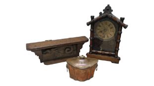 COLLECTION OF ITEMS TO INCLUDE VICTORIA TEA CADDY & CLOCK & CARVED PANEL