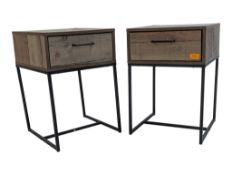 MODERN DESIGN - PAIR OF PLANKED WOODEN INSDUSTRIAL METAL STYLE BEDSIDE CABINETS