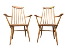 ERCOL FURNITURE - PAIR OF RETRO MID CENTURY BEECH & ELM ARMCHAIRS