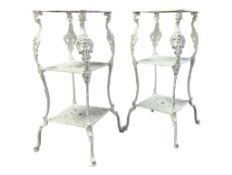 PAIR OF VICTORIAN STYLE WHITE PAINTED ALUMINIUM THREE-TIER GARDEN PLANTERS