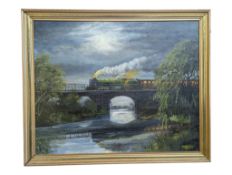 20TH CENTURY OIL ON CANVAS TRAIN PAINTING