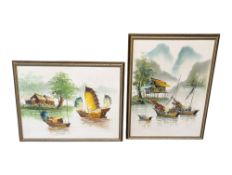 TANG PING (LATE, 20TH CENTURY) TWO CONTEMPORARY OIL ON BOARD PAINTINGS