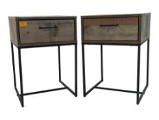 MODERN DESIGN - PAIR OF PLANKED WOODEN INDUSTRIAL METAL STYLE BEDSIDE CABINETS