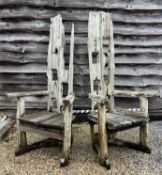 PAIR OF LARGE DRIFTWOOD/WOODEN THRONE GARDEN OUTDOOR CHAIRS