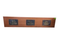VINTAGE 20TH CENTURY TEAK PANEL WITH SAILING SHIPS PLAQUES