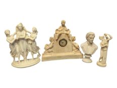 COLLECTION OF 20TH CENTURY CLASSICAL BUSTS WITH PLASTER MANTEL CLOCK