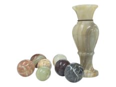 COLLECTION OF MID 20TH CENTURY STONE ONYX EGG ORNAMENTS & VASE