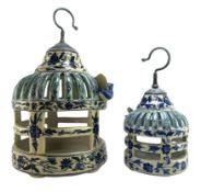 TWO 20TH CENTURY CHINESE BLUE & WHITE PORCELAIN BIRDCAGES