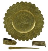 FOUR 2OTH CENTURY CHINESE BRASS PIECES INCLUDING A LARGE CHARGER