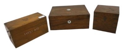 FIRST AID - EARLY 20TH CENTURY OAK AID BOX AND VICTORIAN WRITING SLOPE