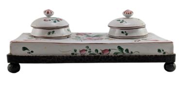 19TH CENTURY CONTINENTAL FAIENCE PORCELAIN DESK INKWELL, WITH FLORAL DESIGN
