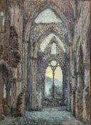 20TH CENTURY FRENCH PASTEL AND GOUNACHE ON PAPER PAINTING OF A CHURCH INTERIOR