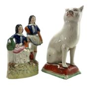 19TH CENTURY STAFFORDSHIRE FIGURE OF A CAT TOGETHER WITH FLATBACKED PAIR OF GIRLS
