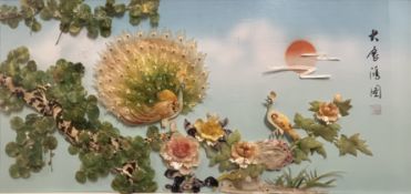 LARGE CHINESE SHELL ART DIORAMA DEPICTS BIRDS & FLOWERS' WALL HANGING