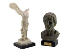 BRONZED METAL BUST OF ASKLEPIOS, TOGETHER WITH WINGED VICTORY OF SAMOTHRACE