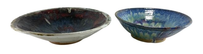 TWO ENGLISH CONTEMPORARY STUDIO ART POTTERY DRIP GLAZE CHARGERS