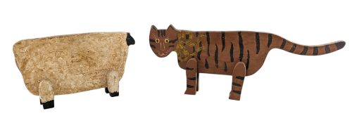 FOLK ART - TWO VINTAGE CARVED WOOD FIGURES OF A SHEEP & A CAT