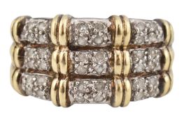 HALLMARKED 9CT GOLD & DIAMOND THREE ROW BAMBOO RING