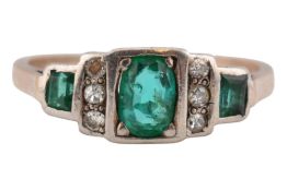 ART DECO EMERALD & DIAMOND THREE STONE RING