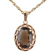 HALLMARKED 9CT GOLD & SMOKY QUARTZ PENDANT NECKLACE