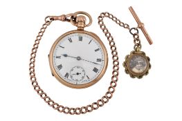 SWISS 9CT GOLD OPEN FACE POCKET WATCH & CHAIN