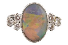 HALLMARKED 18CT WHITE GOLD CONTEMPORARY ART DECO BLACK OPAL & DIAMOND RING