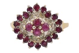 HALLMARKED 9CT GOLD RUBY & DIAMOND CLUSTER RING
