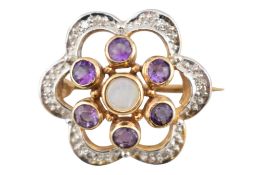 HALLMARKED OPAL, AMETHYST & DIAMOND FLOWER BROOCH PIN
