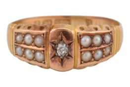 VICTORIAN HALLMARKED 15CT GOLD, PEARL & DIAMOND RING