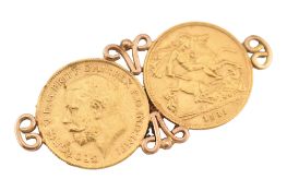 1911 DOUBLE HALF SOVEREIGN MOUNTED BROOCH PIN