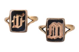 TWO 19TH CENTURY 9CT GOLD ENAMEL SIGNET RINGS