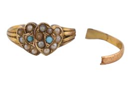 19TH CENTURY VICTORIAN TURQUOISE & SEED PEARL TWIN HEART RING AF