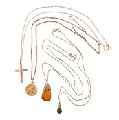 FOUR GOLD & YELLOW METAL PENDANT NECKLACES