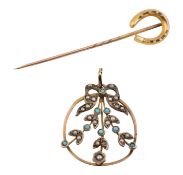 GOLD HORSESHOE STICK PIN & ART NOUVEAU GOLD PENDANT