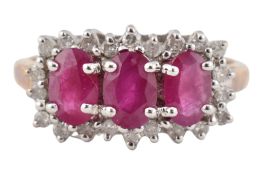 HALLMARKED 9CT GOLD RUBY & DIAMOND THREE STONE RING