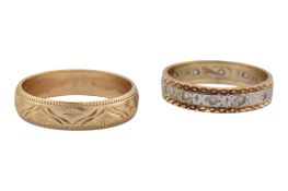 GEM SET ETERNITY RING & AN ETCHED DECORATED BAND RING