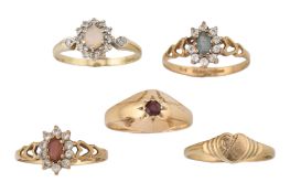COLLECTION OF FIVE 9CT GOLD & GEM SET RINGS