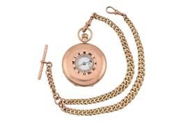 HALLMARKED 9CT GOLD HALF HUNTER POCKET WATCH & ALBERT CHAIN