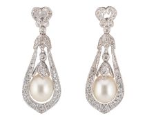 PAIR OF 18CT GOLD PEARL & DIAMOND PENDANT EARRINGS