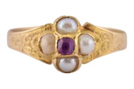 19TH CENTURY GOLD PEARL & RUBY RING