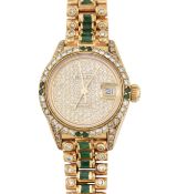AN 18CT GOLD & AFTER MARKET DIAMOND EMERALD ENCRUSTED DATEJUST ROLEX WRISTWATCH