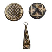 TWO 19TH CENTURY TORTOISESHELL PIQUE WORK BROOCHES & A PENDANT
