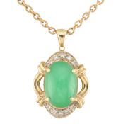 14CT GOLD DIAMOND & JADE PENDANT T/W 9CT CHAIN