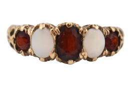 HALLMARKED GOLD OPAL & GARNET FIVE STONE RING