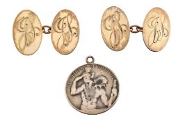 PAIR OF 9CT GOLD ON SILVER CUFFLINKS & ST CHRISTOPHER PENDANT