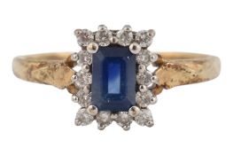 HALLMARKED 9CT GOLD SAPPHIRE & DIAMOND HALO RING