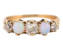 GOLD, OPAL & DIAMOND FIVE STONE RING