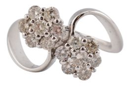 HALLMARKED 18CT WHITE GOLD & DIAMOND TWIN CLUSTER RING