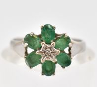 HALLMARKED 9CT WHITE GOLD EMERALD & DIAMOND CLUSTER RING